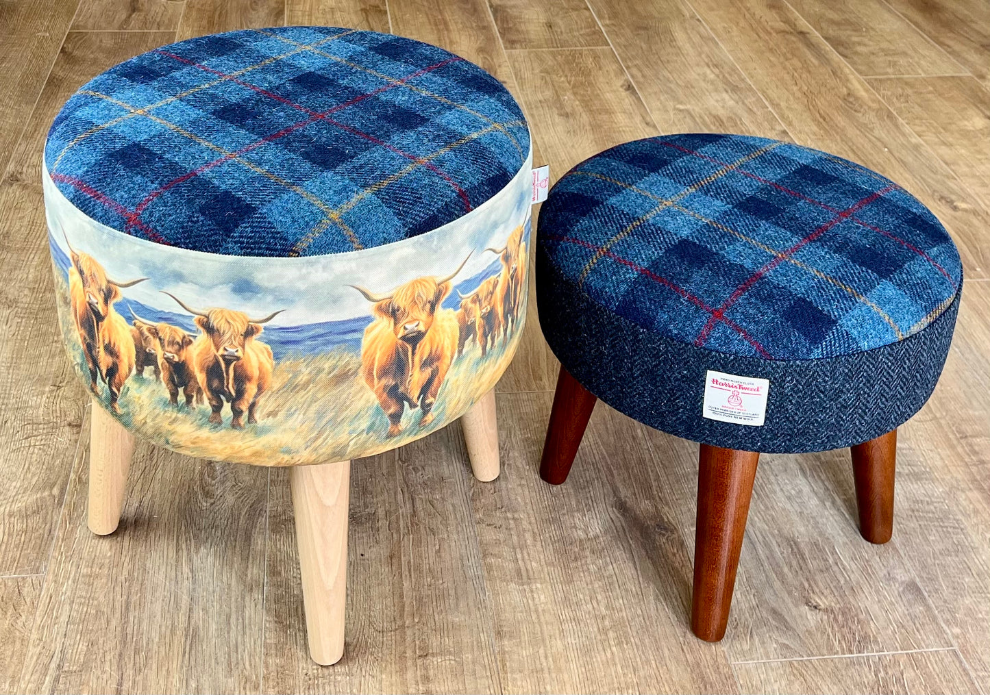 Small Tartan and Navy Blue Herringbone Harris Tweed Footstool