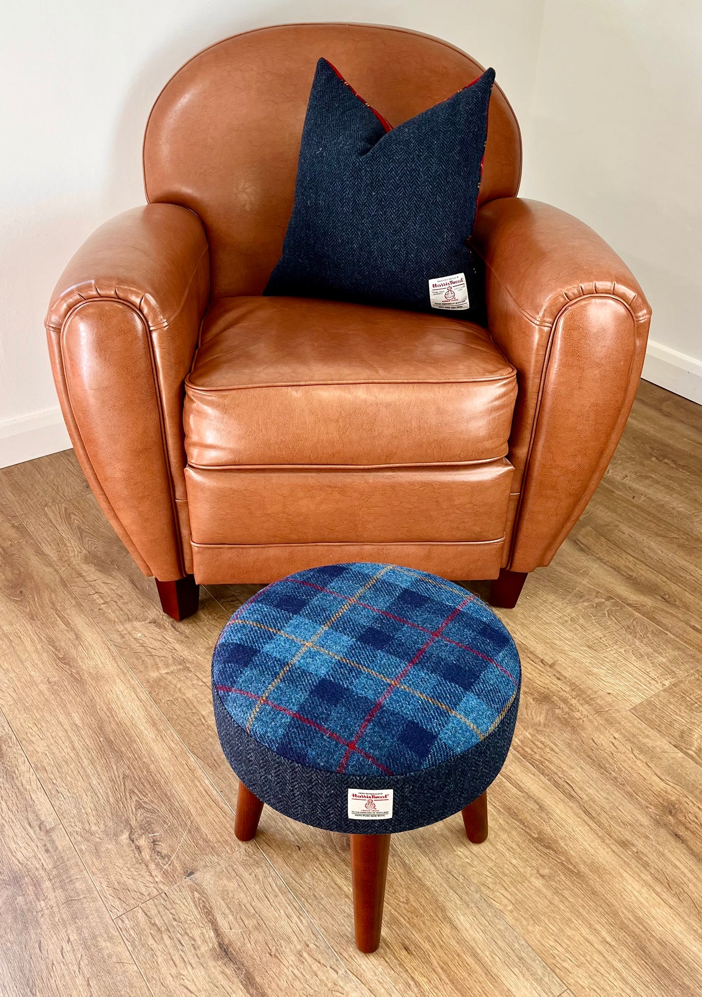 Small Tartan and Navy Blue Herringbone Harris Tweed Footstool