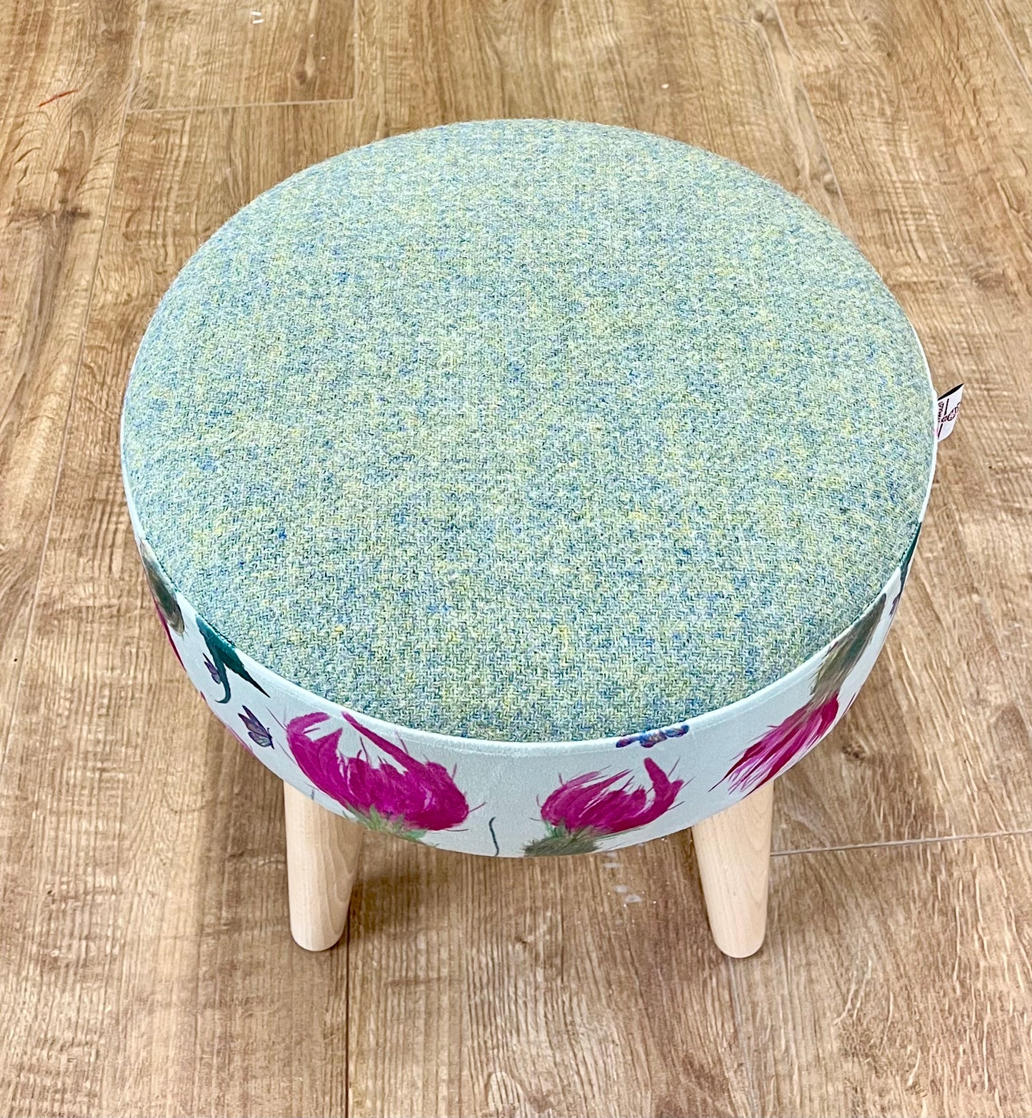 Butterfly Thistles on Duck Egg Velvet and Light Green Harris Tweed
