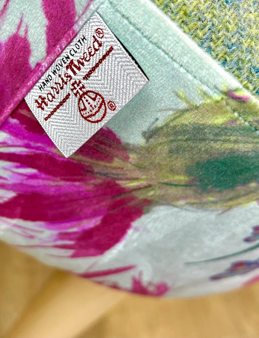 Butterfly Thistles on Duck Egg Velvet and Light Green Harris Tweed