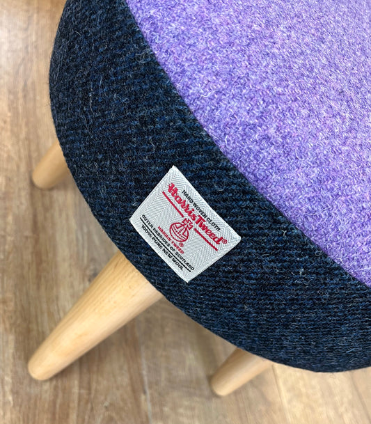 Navy and Lilac Harris Tweed Footstool with Varnished Wooden Legs