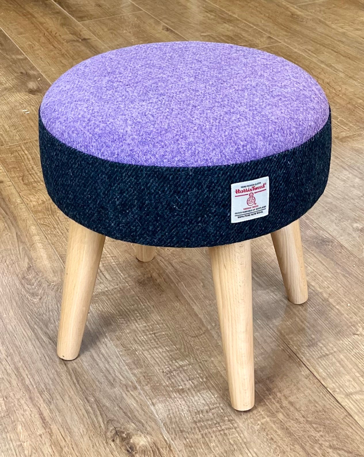 Navy and Lilac Harris Tweed Footstool with Varnished Wooden Legs