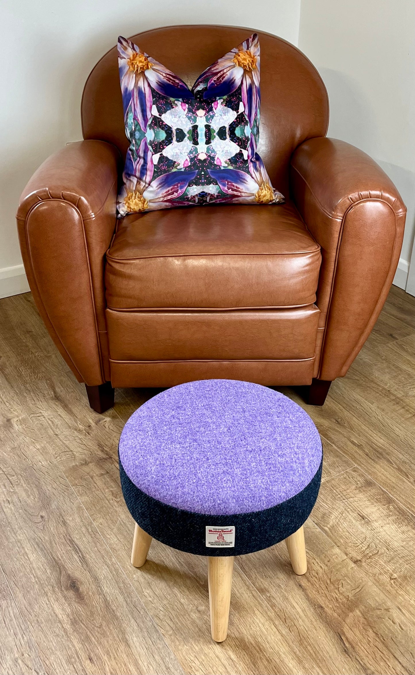 Navy and Lilac Harris Tweed Footstool with Varnished Wooden Legs
