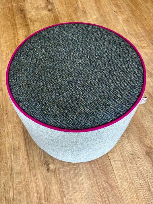 Grey Harris Tweed Chunky Floating Footstool with Fuchsia Piping Detail
