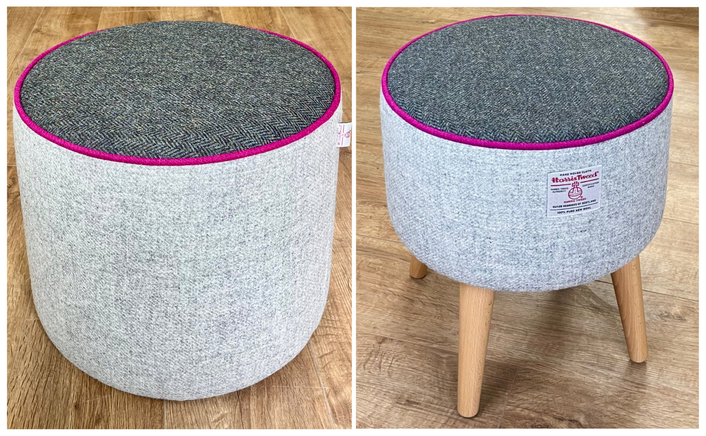 Grey and Charcoal Herringbone Harris Tweed Chunky Footstool