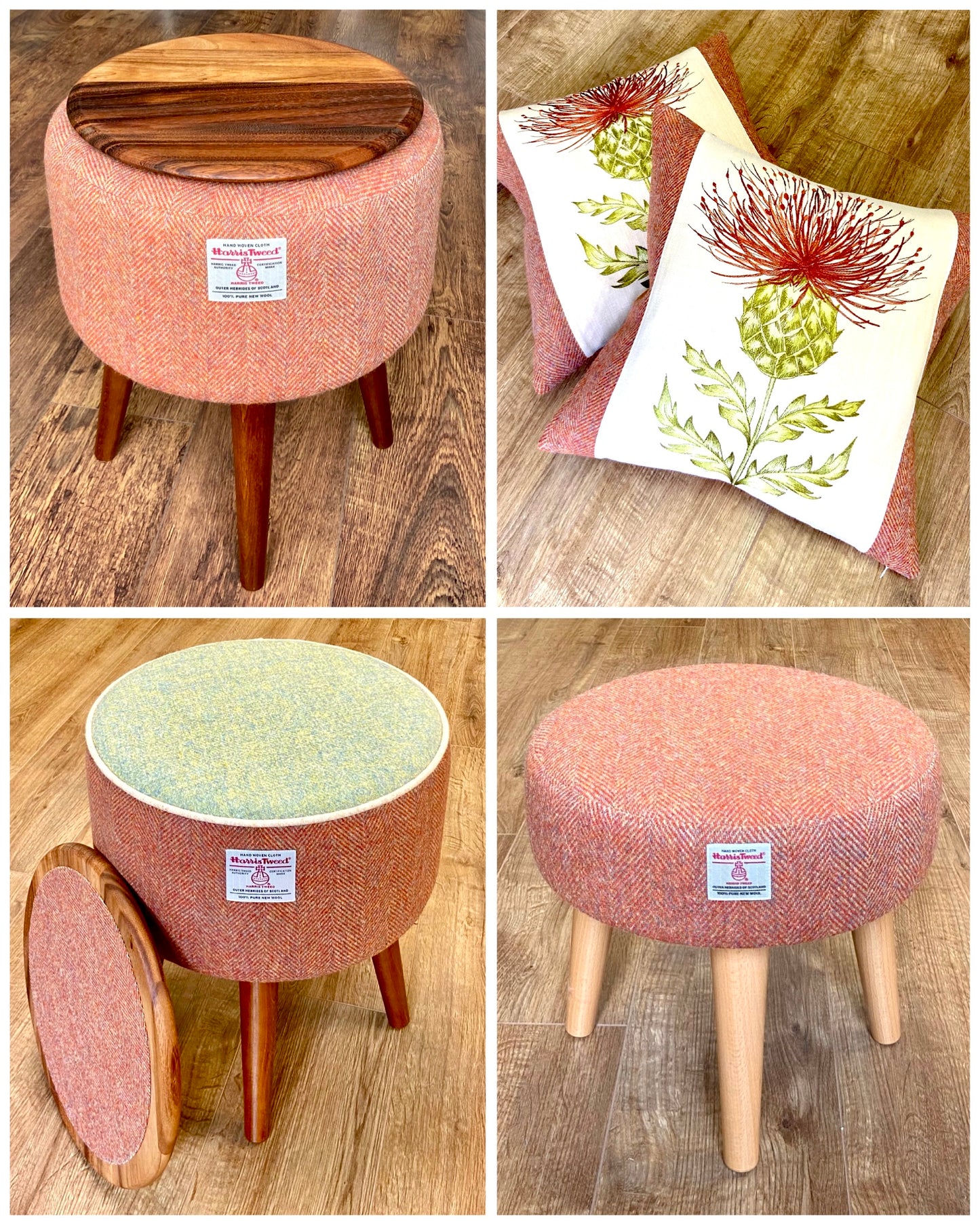End Table, Rust Harris Tweed Herringbone with Removable Wooden Top and Dark Varnished Wooden Legs