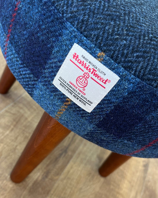 Small Navy Herringbone & Tartan Harris Tweed Footstool
