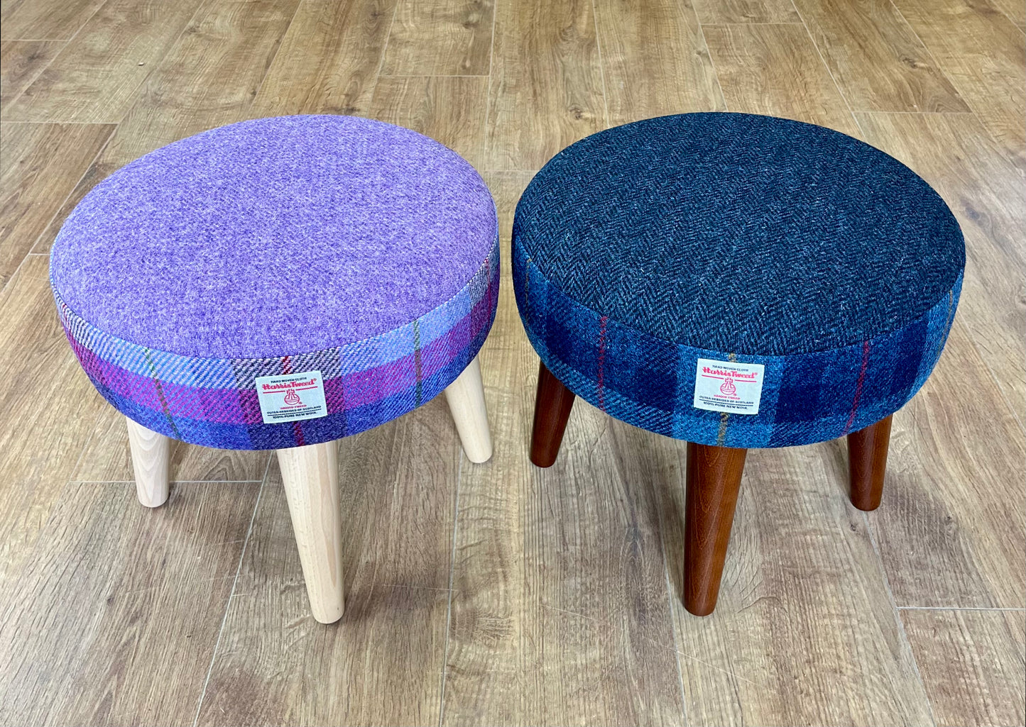 Navy and Lilac Harris Tweed Footstool with Varnished Wooden Legs