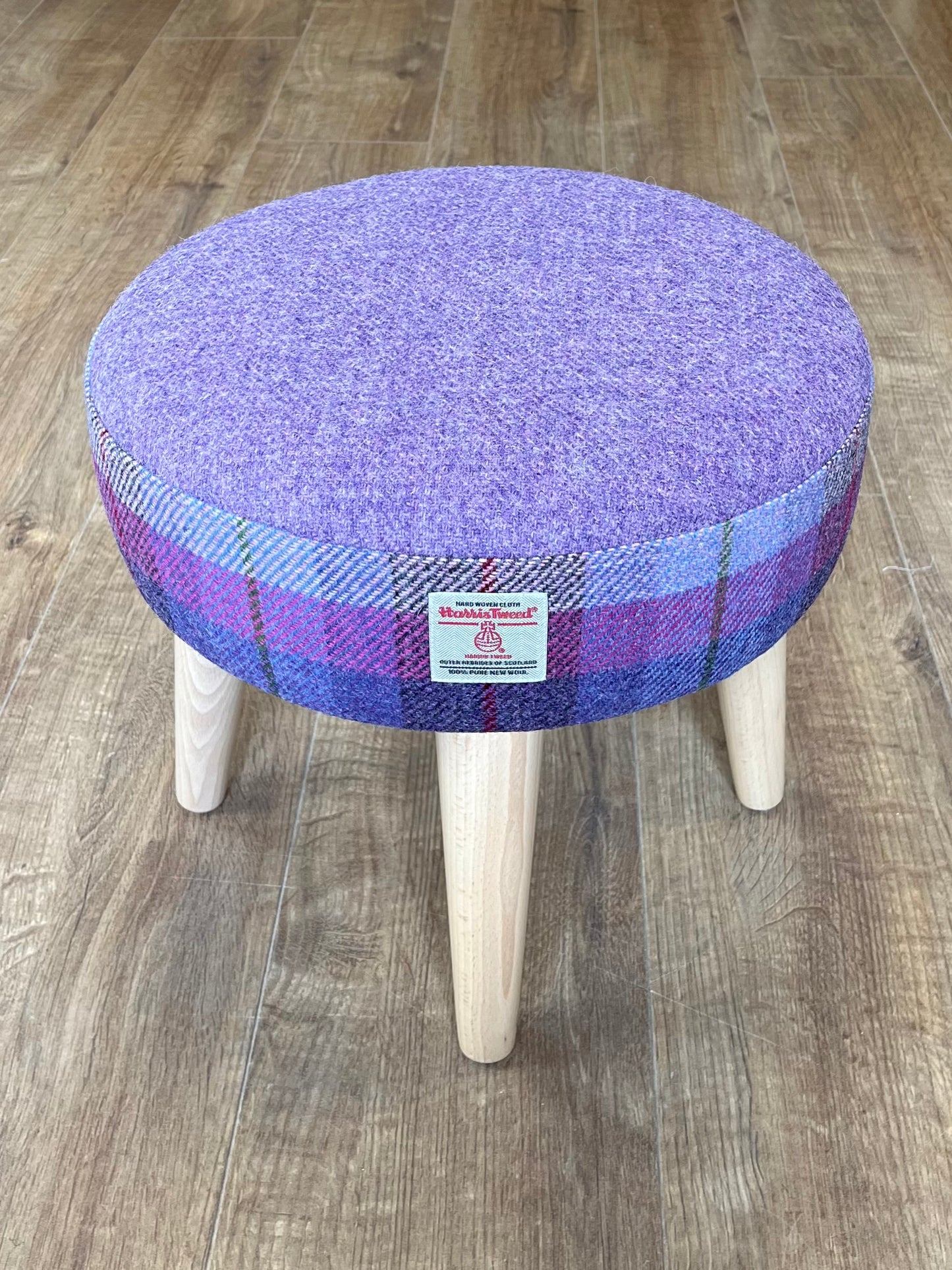 Lilac Tartan Harris Tweed Footstool with Varnished Wooden Legs