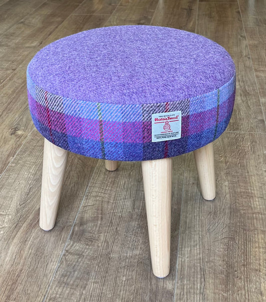 Lilac Tartan Harris Tweed Footstool with Varnished Wooden Legs