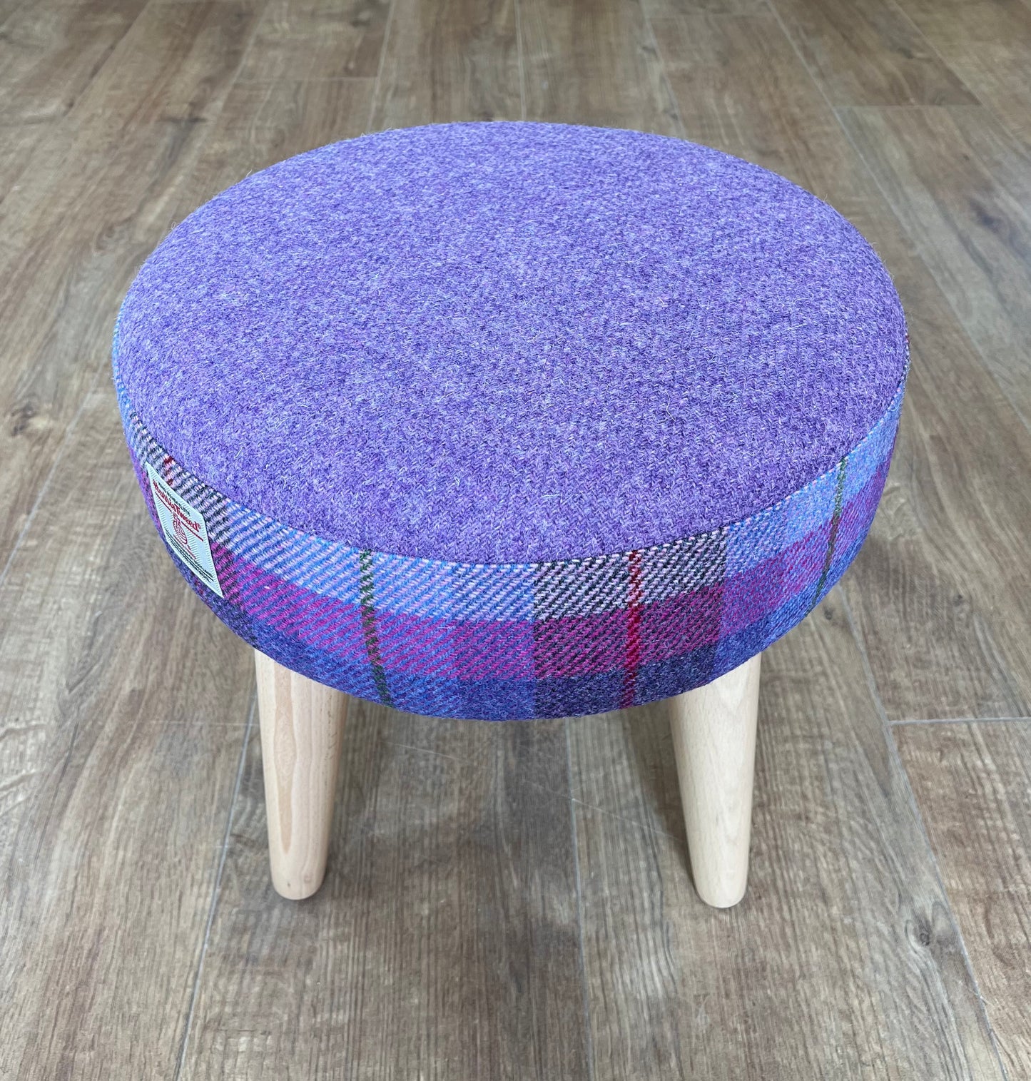 Lilac Tartan Harris Tweed Footstool with Varnished Wooden Legs
