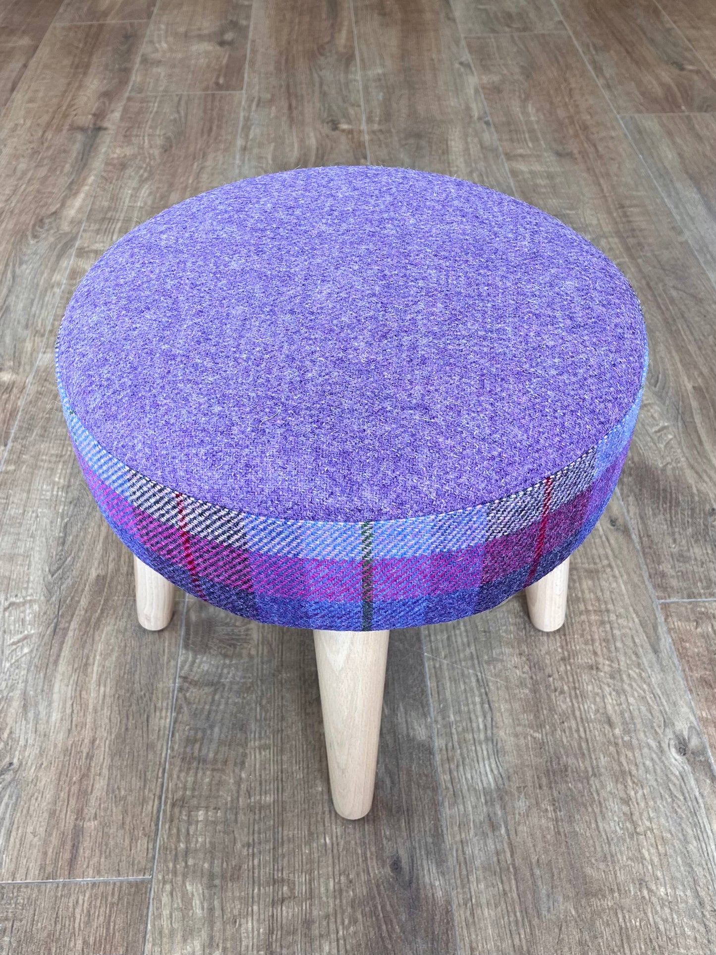 Lilac Tartan Harris Tweed Footstool with Varnished Wooden Legs