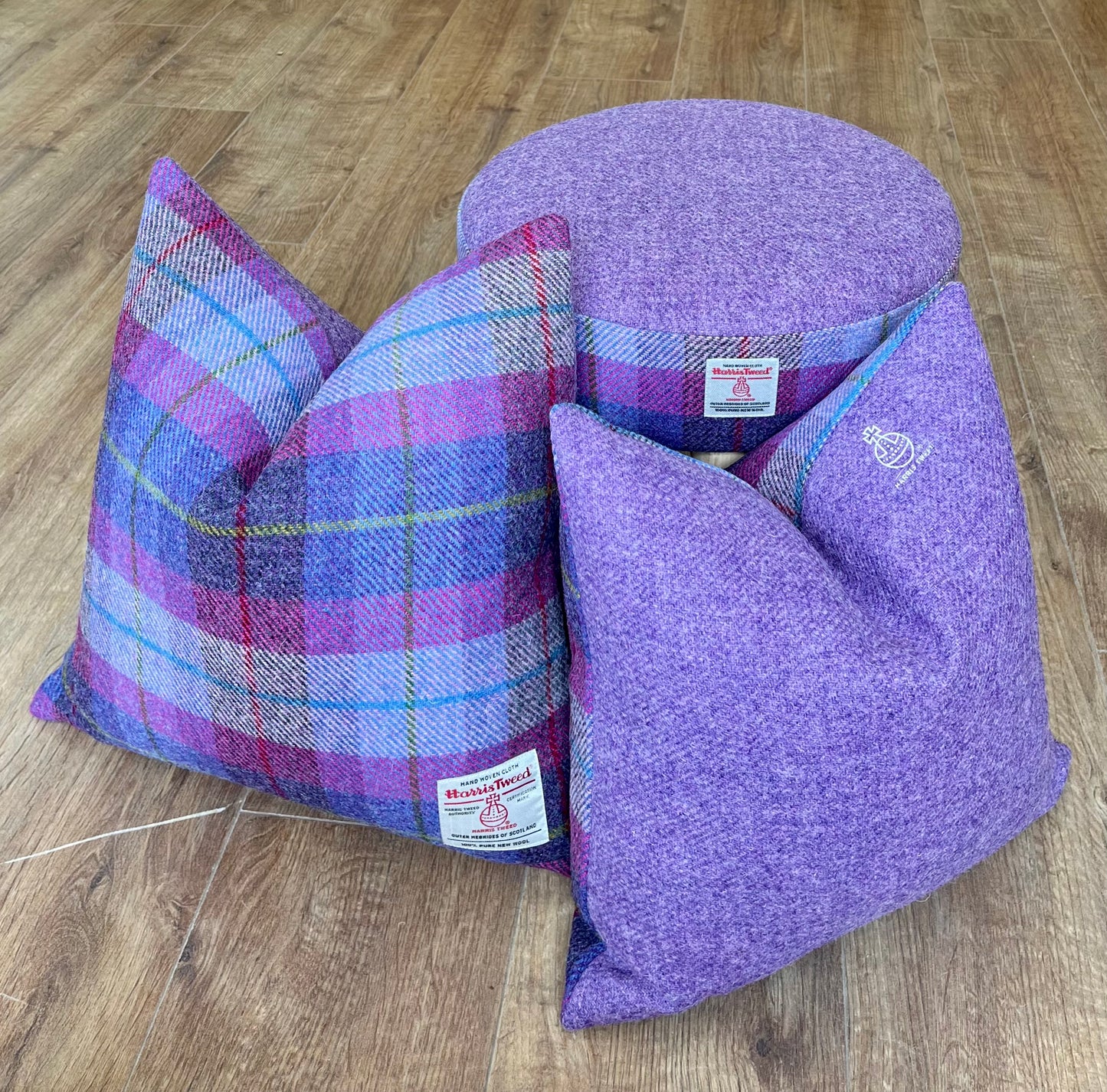 Lilac Tartan Harris Tweed Footstool with Varnished Wooden Legs