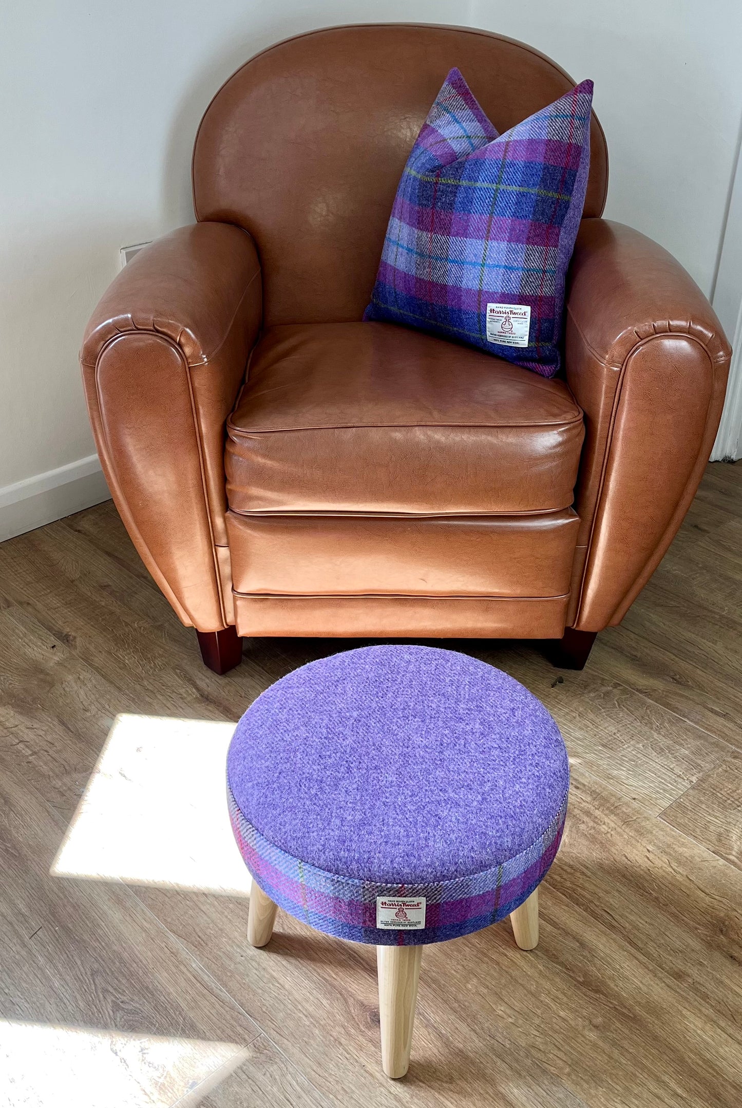 Lilac Tartan Harris Tweed Footstool with Varnished Wooden Legs