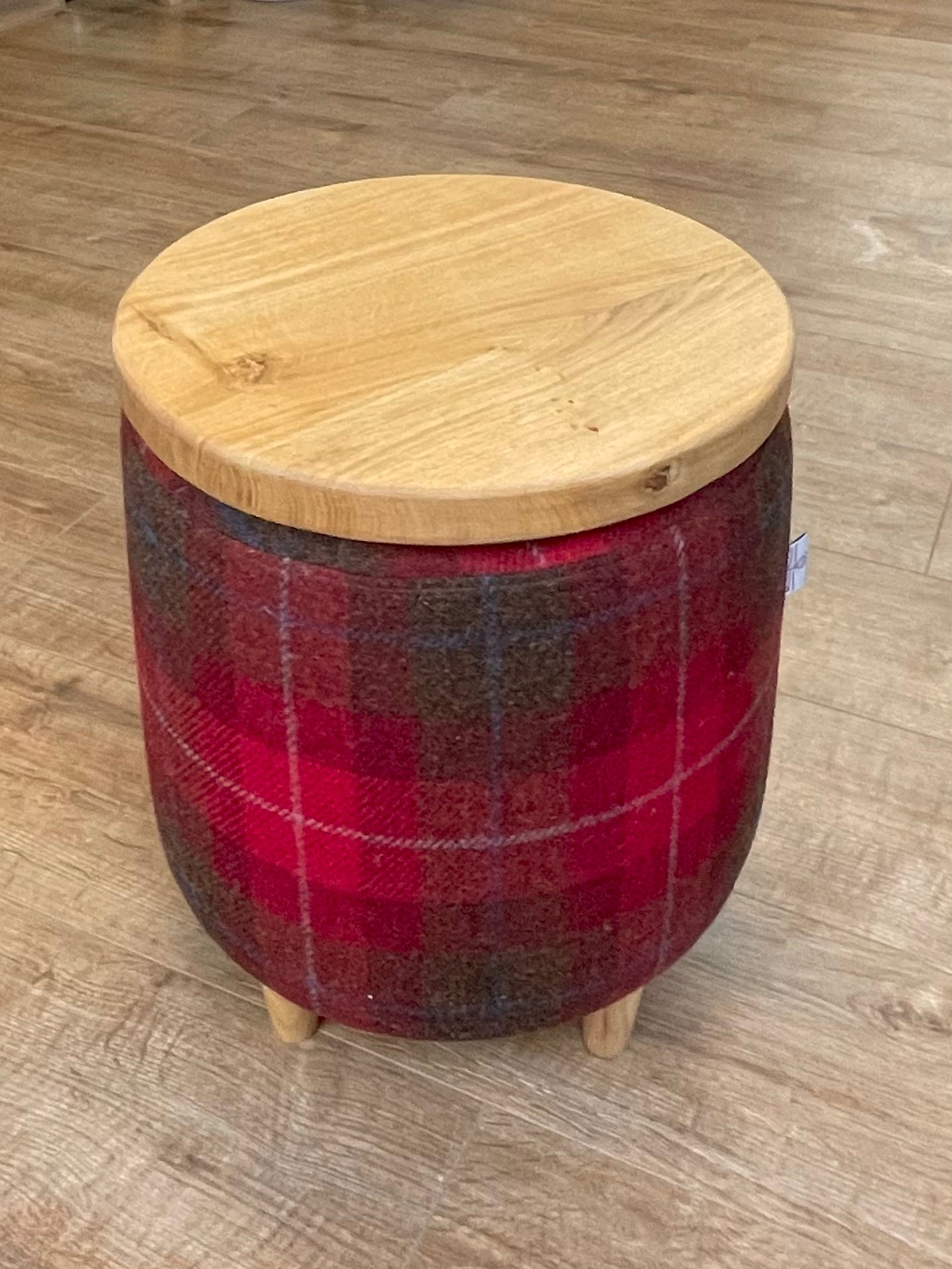 Small Red Tartan Harris Tweed End Table Footstool with Removable Oak Wooden Top