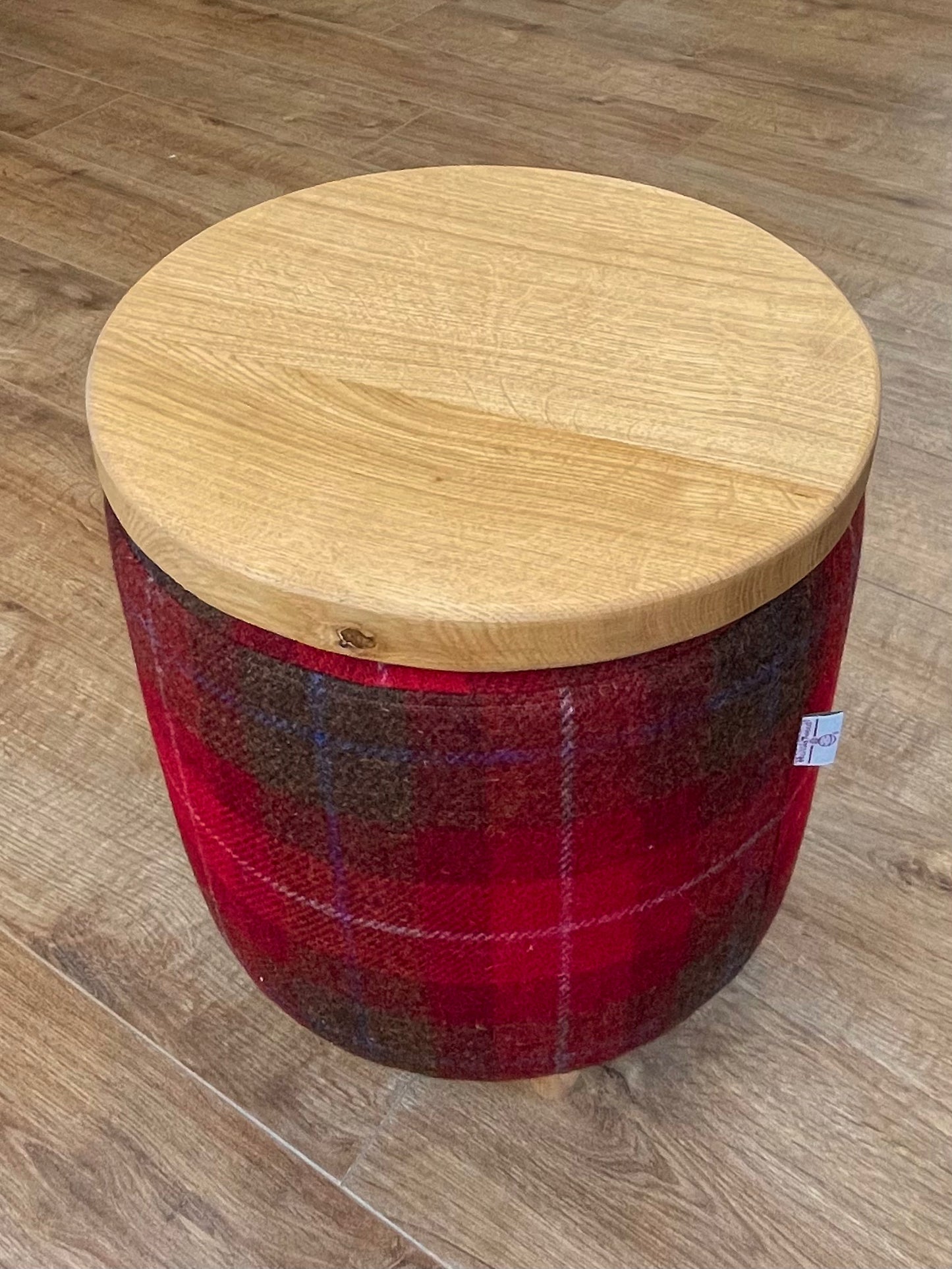 Small Red Tartan Harris Tweed End Table Footstool with Removable Oak Wooden Top