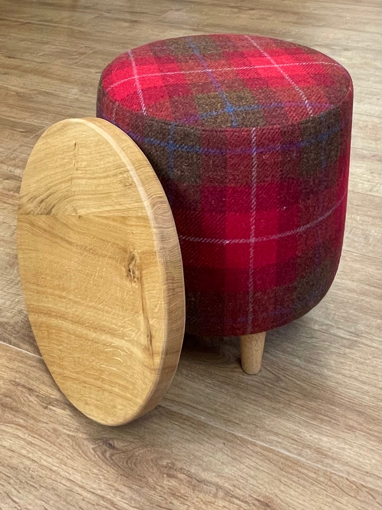 Small Red Tartan Harris Tweed End Table Footstool with Removable Oak Wooden Top