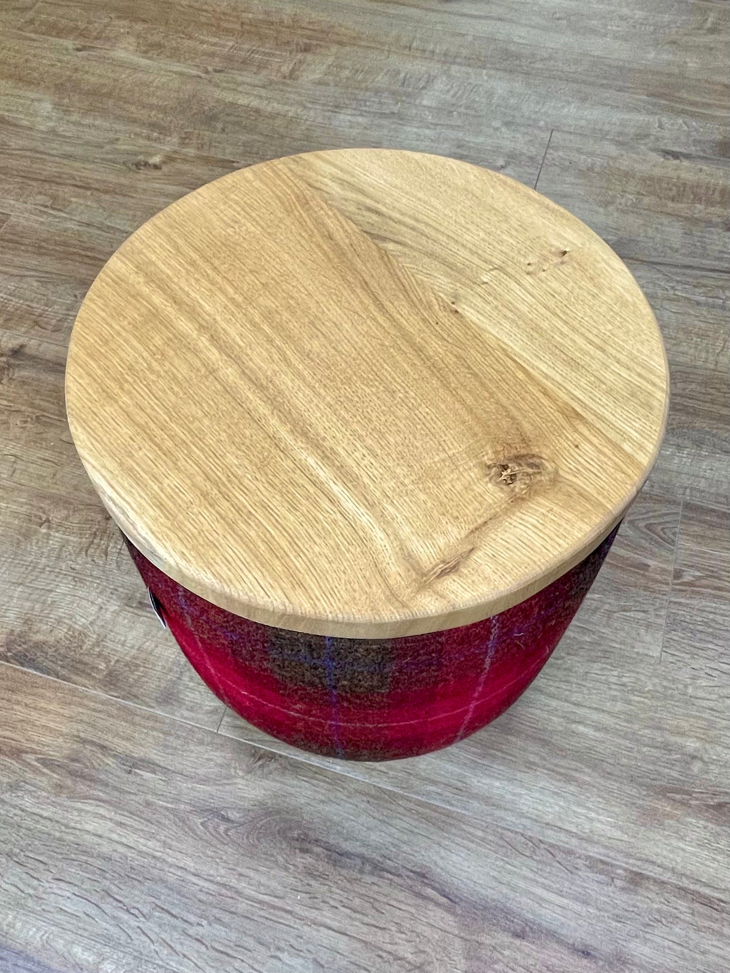 Small Red Tartan Harris Tweed End Table Footstool with Removable Oak Wooden Top