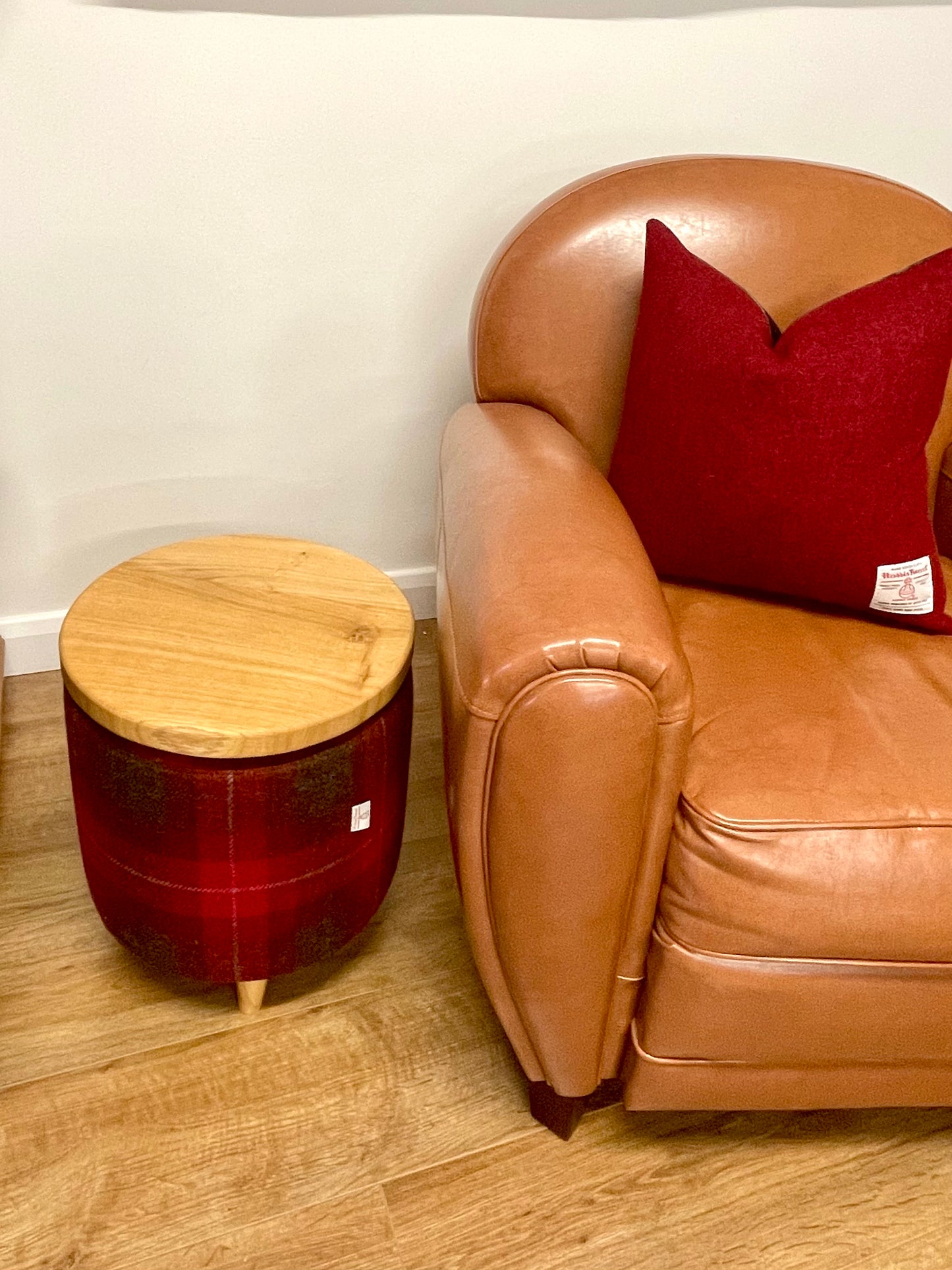 Small Red Tartan Harris Tweed End Table Footstool with Removable Oak Wooden Top