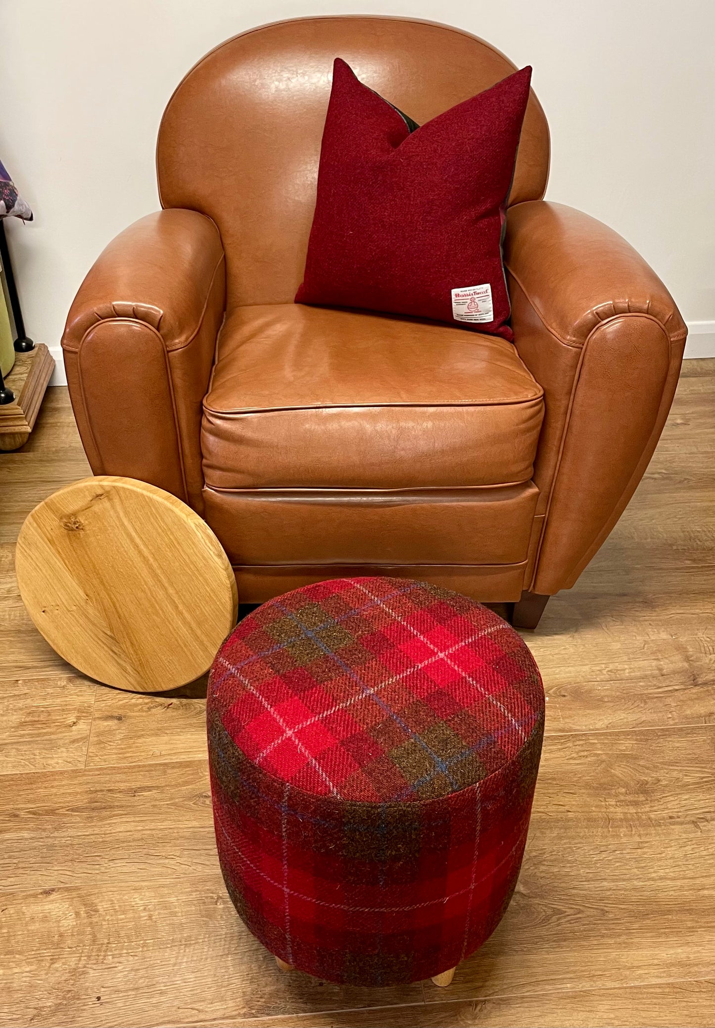 Small Red Tartan Harris Tweed End Table Footstool with Removable Oak Wooden Top