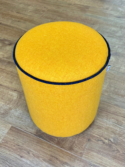 Large Yellow Harris Tweed Chunky Stool with Navy Piping Detail