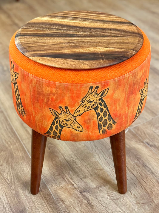 Giraffe Linen & Orange Harris Tweed End Table with Removable Wooden Top