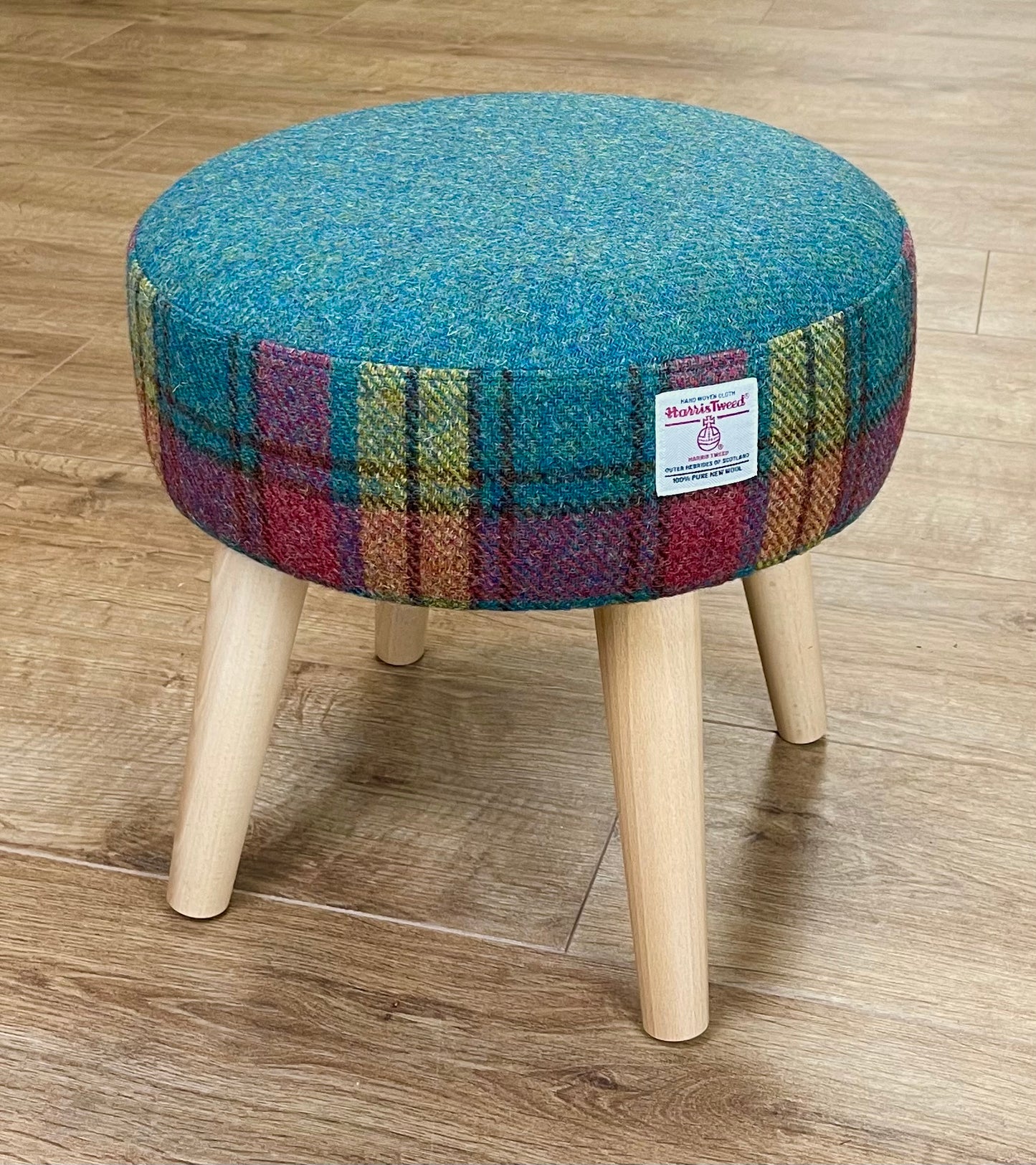 Harris Tweed Red, Green and Mustard Tartan Footstool with Varnished Wooden Legs