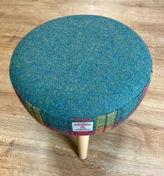 Harris Tweed Red, Green and Mustard Tartan Footstool with Varnished Wooden Legs