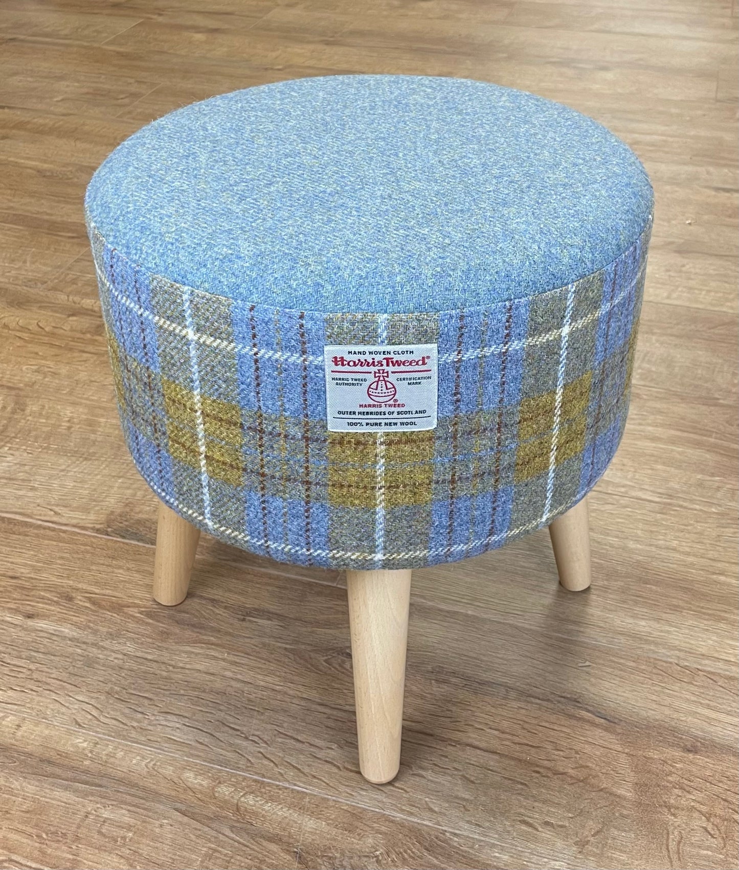Light Blue and Tartan Harris Tweed Round Footstool with Varnished Wooden Legs