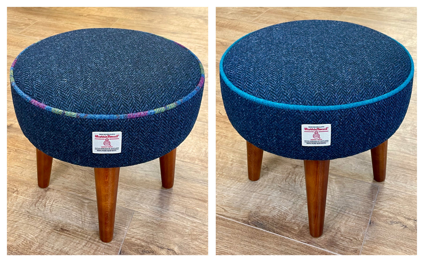 Navy Harris Tweed Footstool with Teal Piping and Varnished Wooden Legs