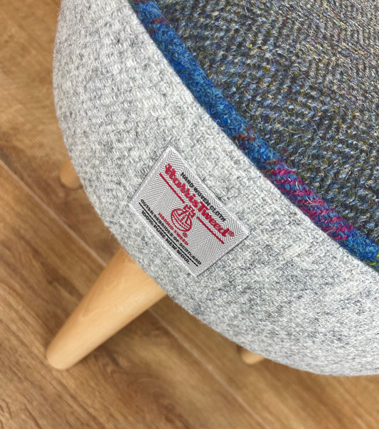 Grey and Charcoal Harris Tweed Footstool with Tartan Piping