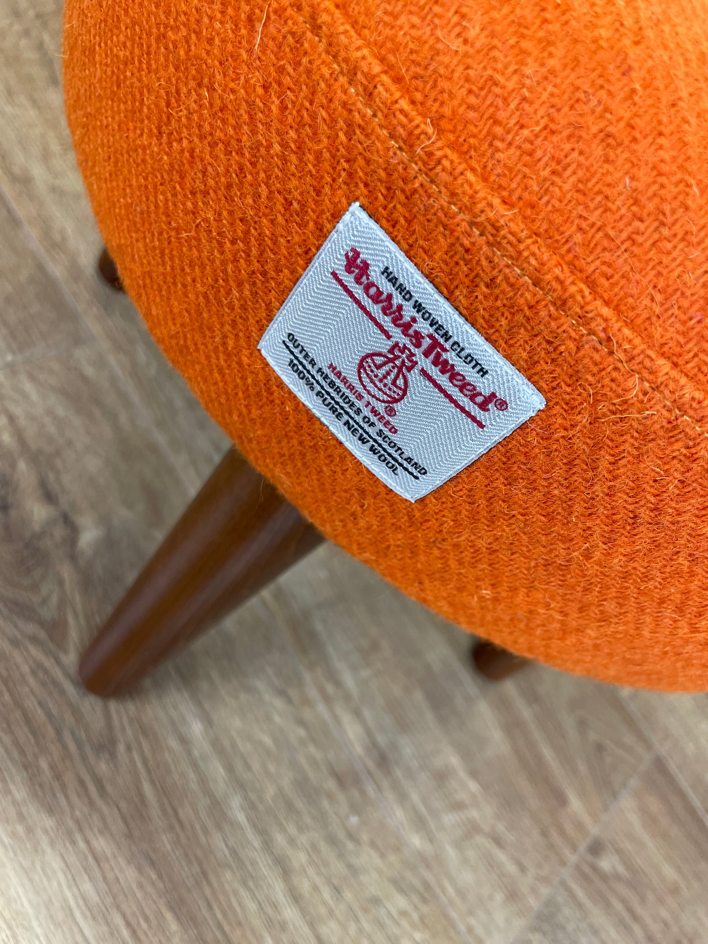 Orange Harris Tweed Footstool with Dark Varnished Wooden Legs