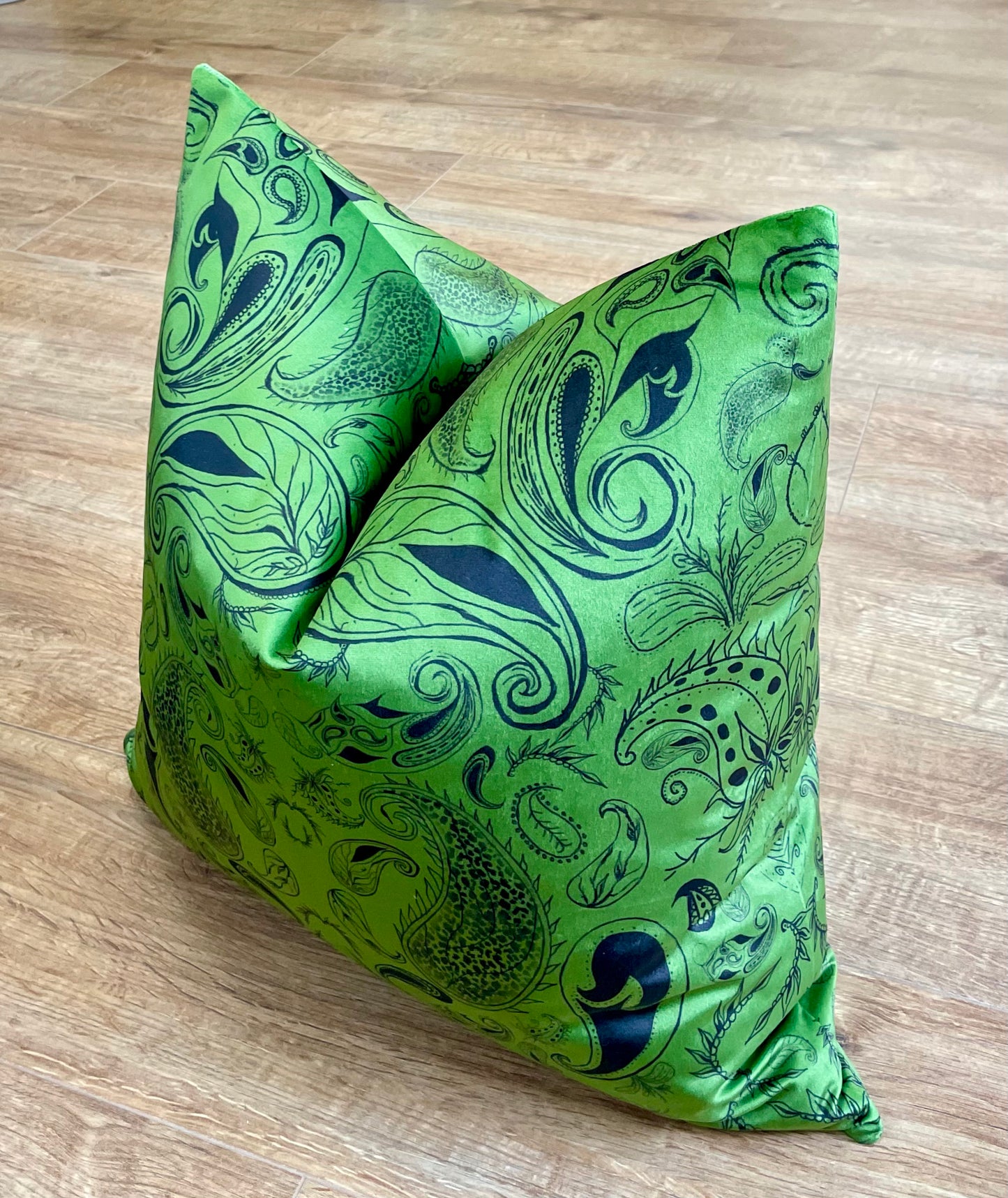 Moss Green Paisley Print Velvet Cushion 20”