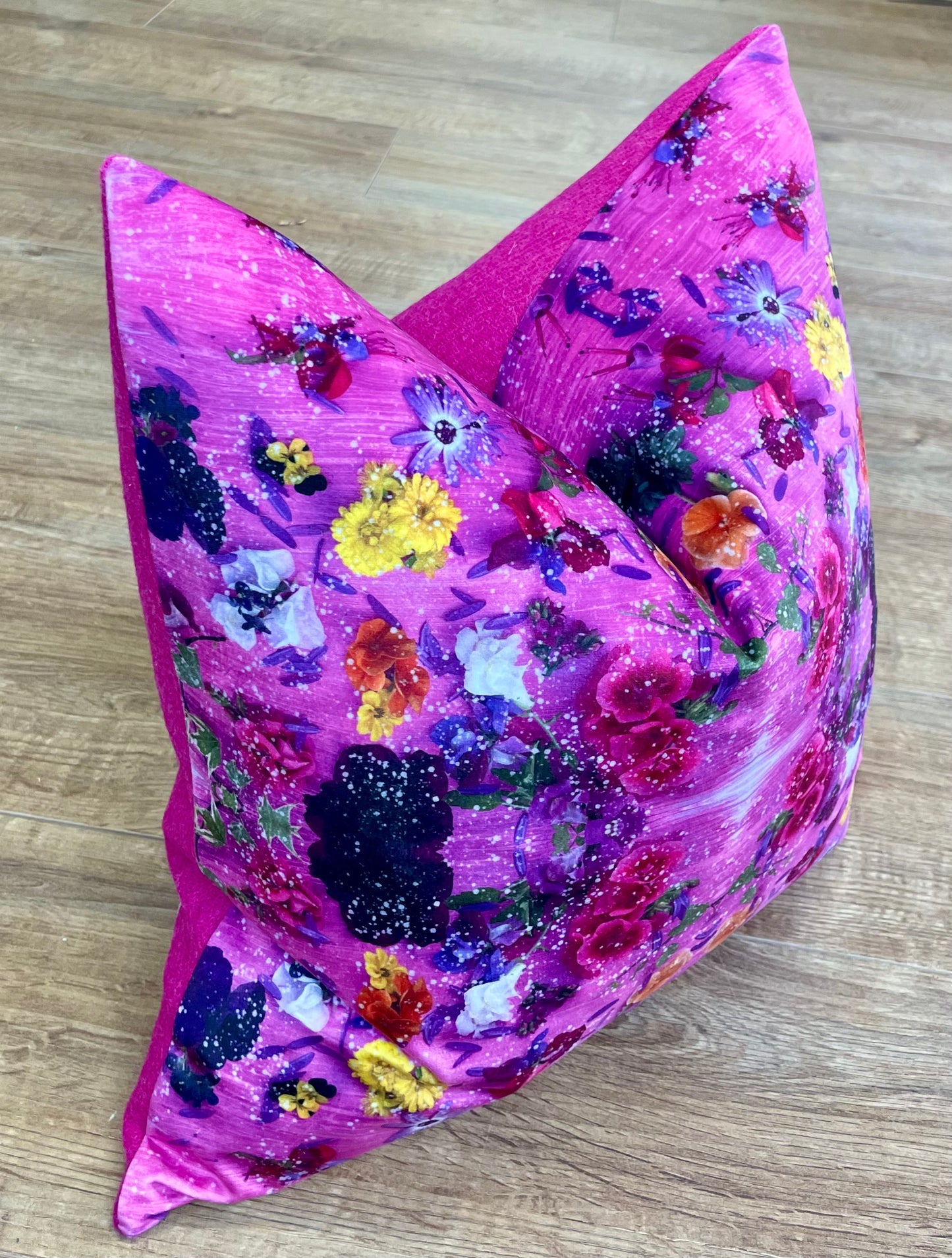 Pink Floral Velvet and Harris Tweed Cushion 18”