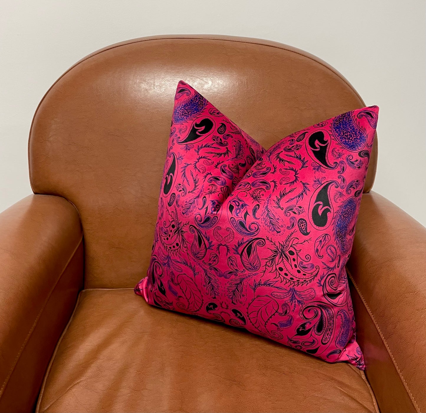 Neon Pink Paisley Print Velvet Cushion 18”