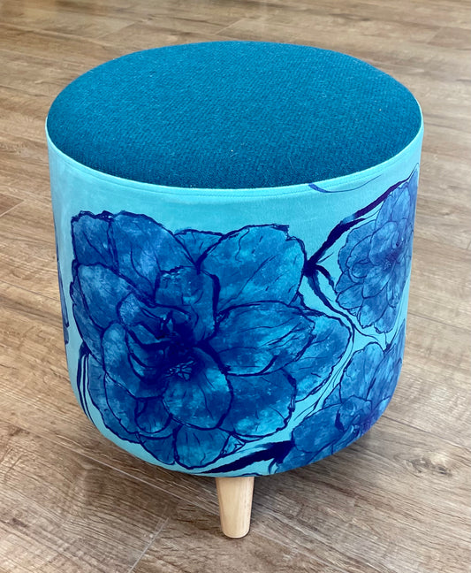 Blue Camellia on Turquoise Velvet Footstool with Teal Harris Tweed