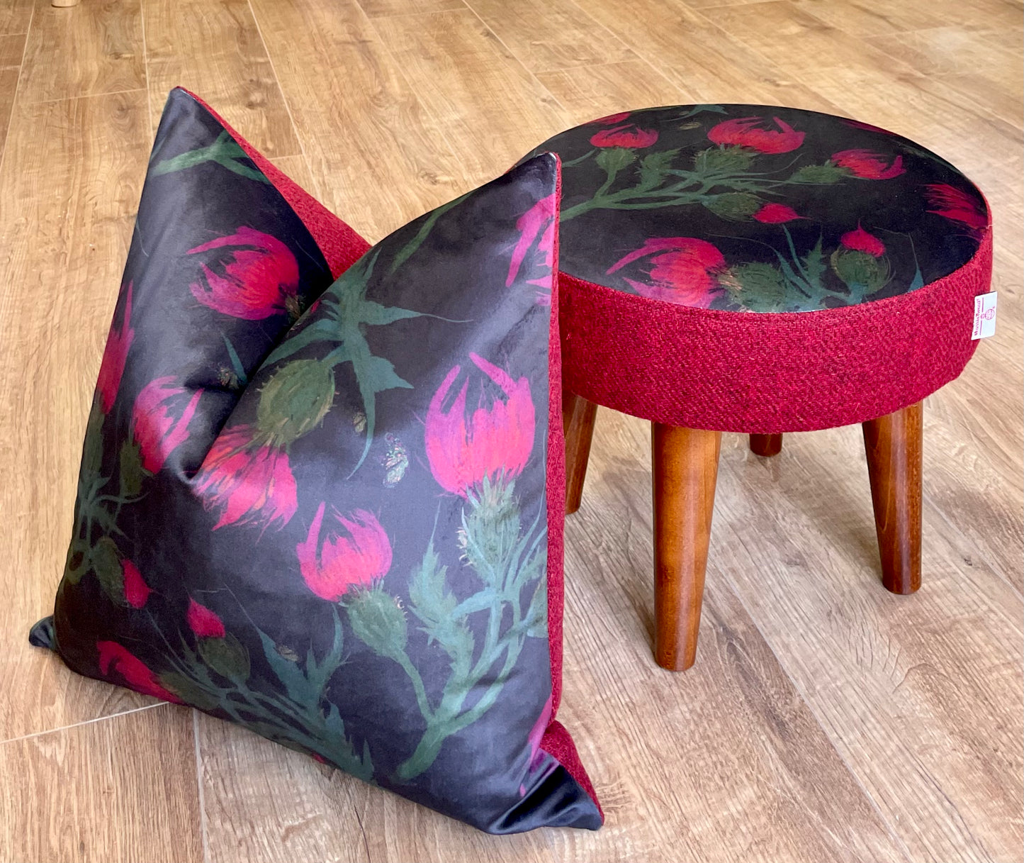 Butterfly Thistles on Black Velvet and Red Harris Tweed Cushion 18”