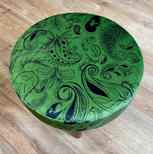 Moss Green Paisley Print Velvet Small Footstool with Dark Wooden Legs