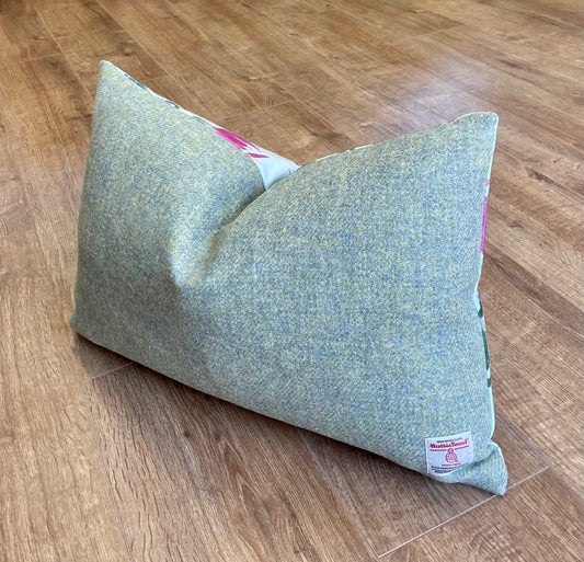 Butterfly Thistles on Duck Egg Velvet and Harris Tweed Rectangle Cushion