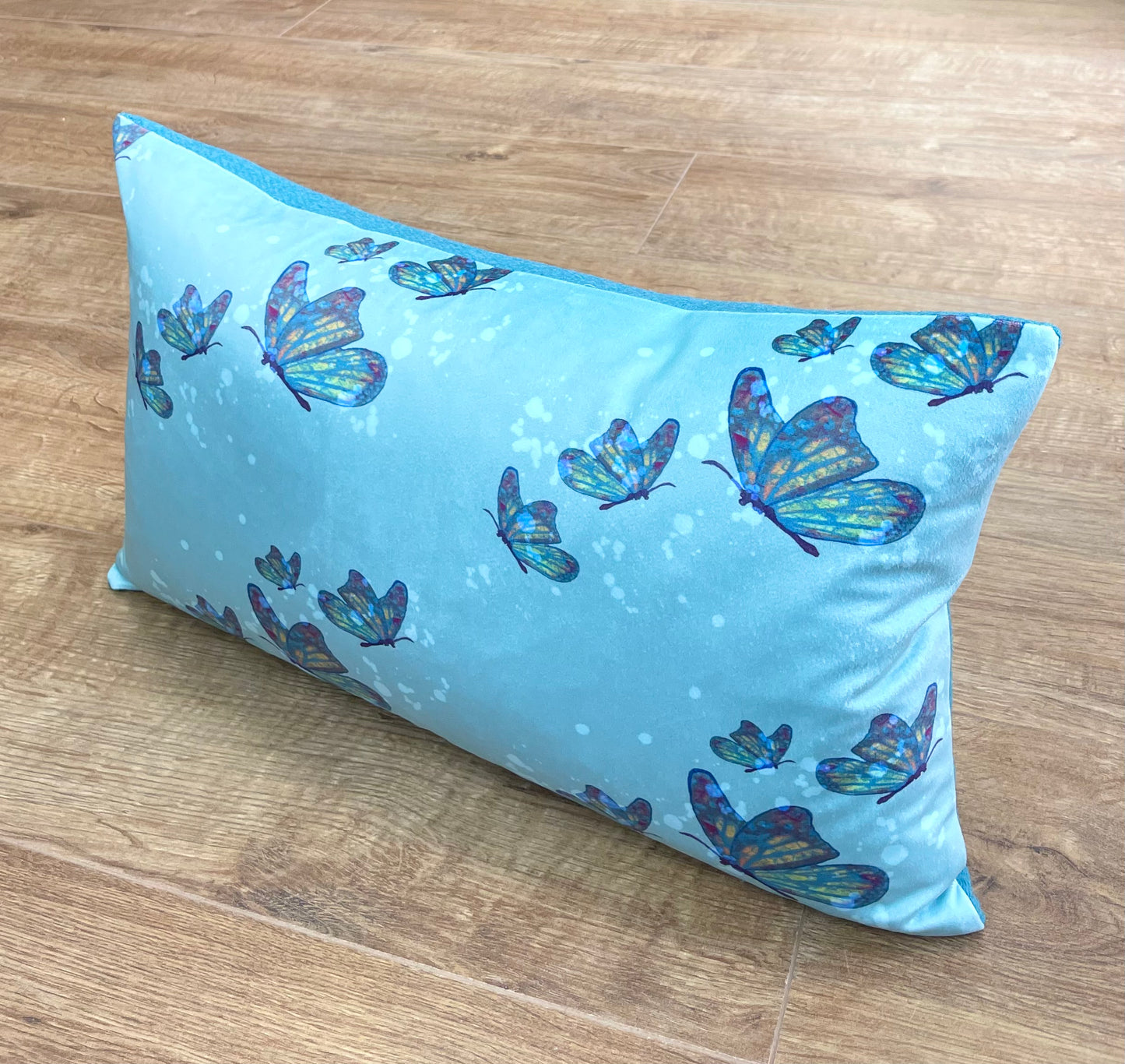Butterfly in Rain Velvet and Turquoise Harris Tweed Oblong Cushion