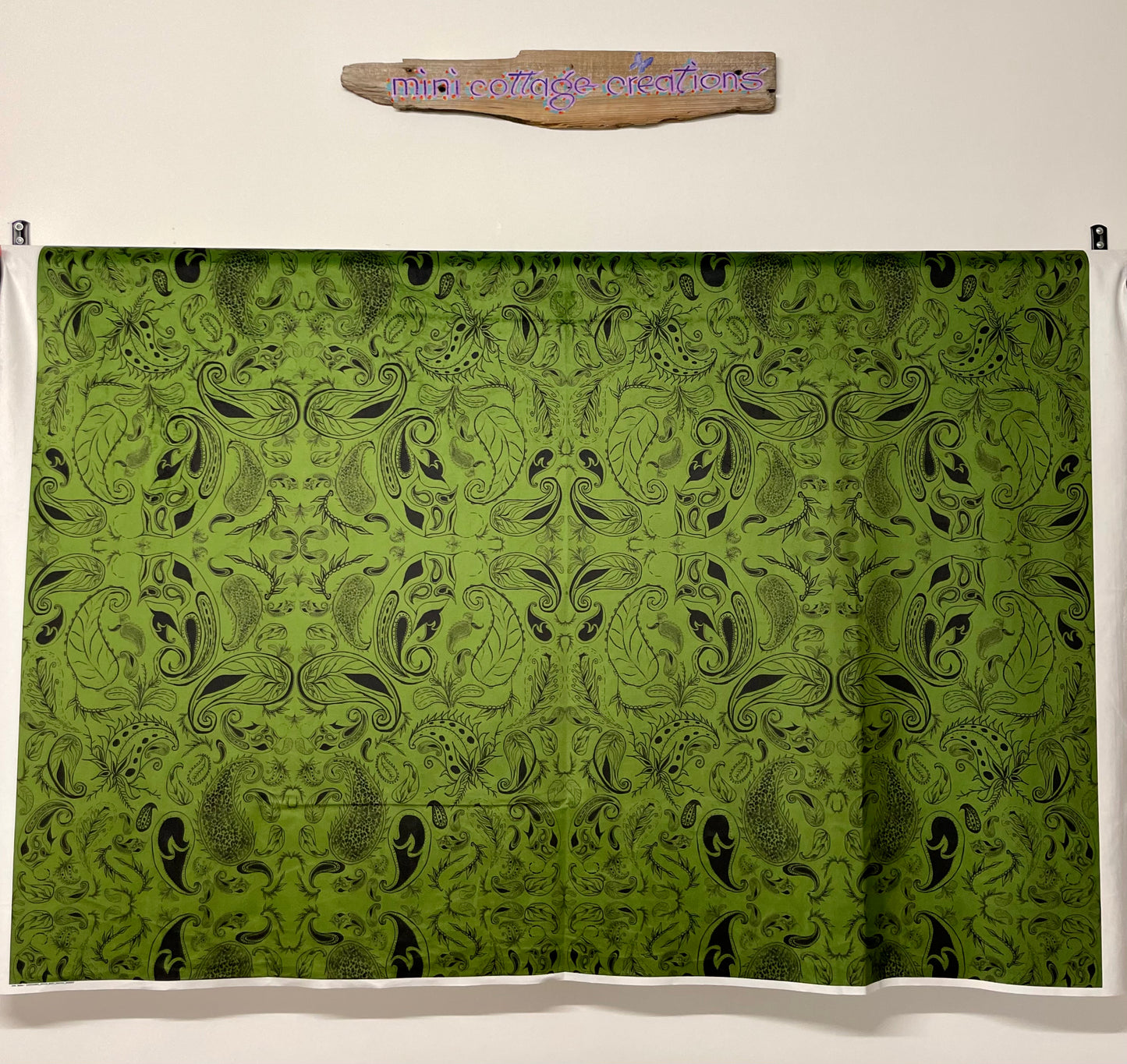 Moss Green Paisley Print Velvet Small Footstool with Dark Wooden Legs