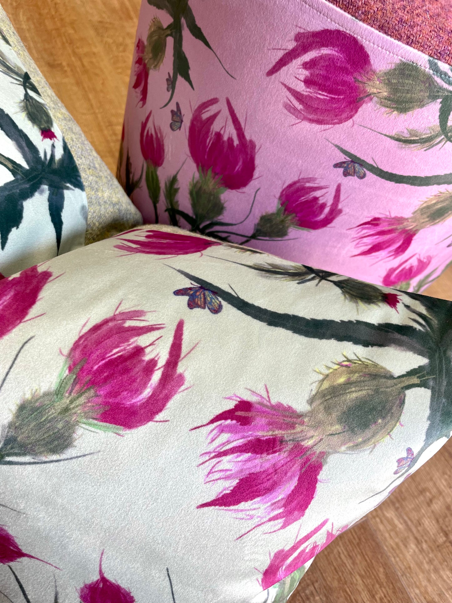Butterfly Thistles on Duck Egg Velvet and Harris Tweed Rectangle Cushion