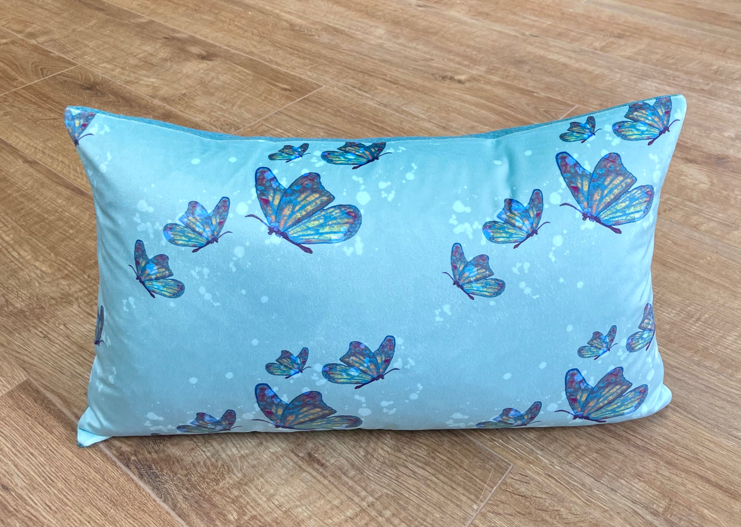 Butterfly in Rain Velvet and Turquoise Harris Tweed Oblong Cushion