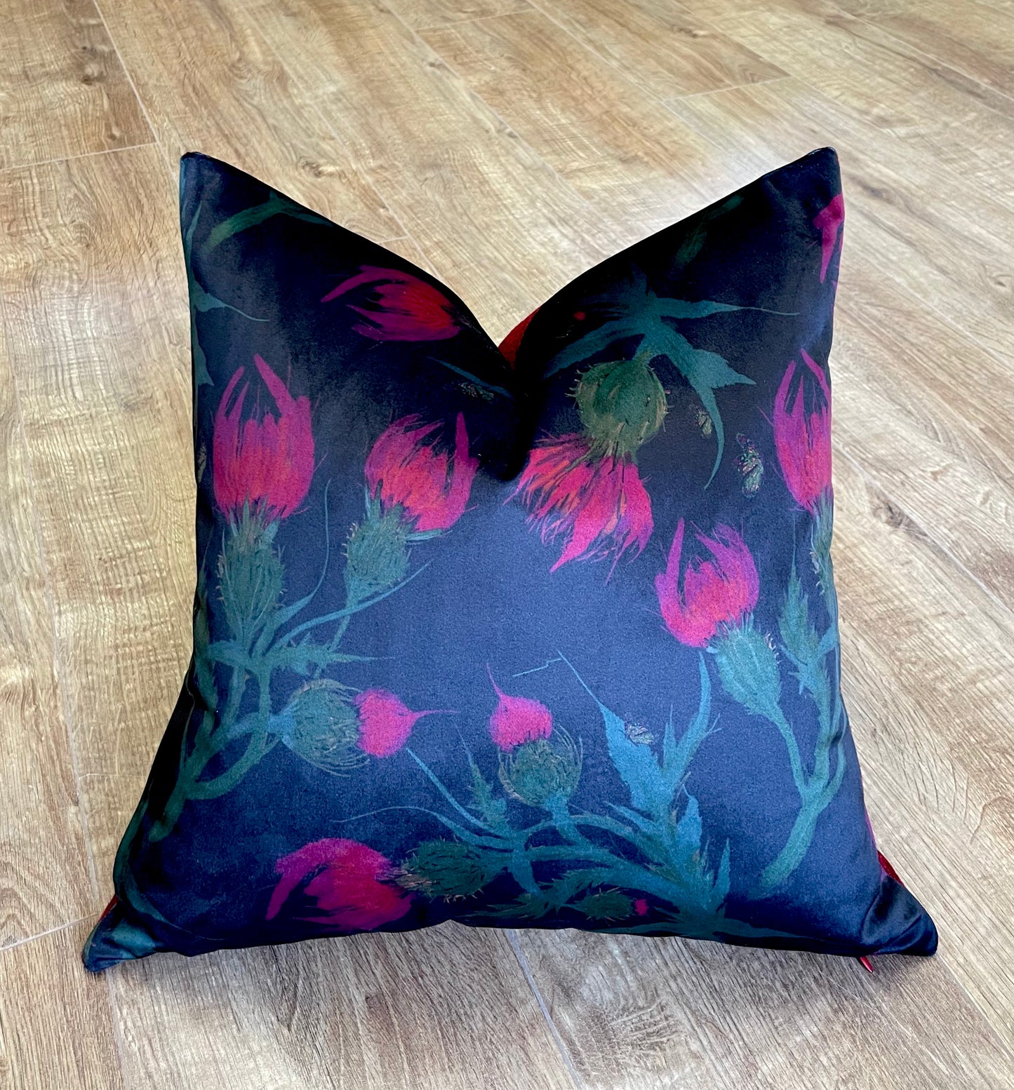 Butterfly Thistles on Black Velvet and Red Harris Tweed Cushion 18”