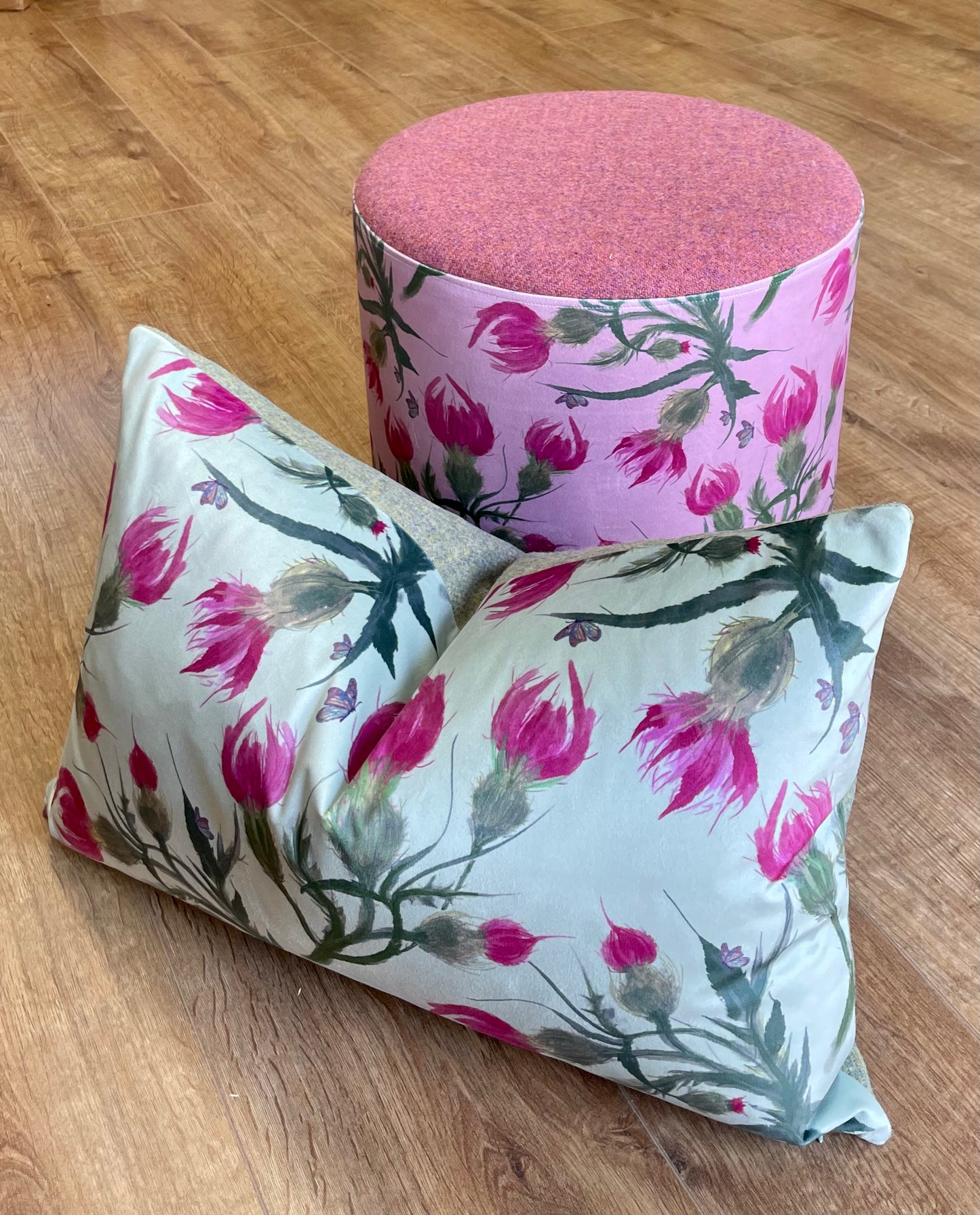 Butterfly Thistles on Duck Egg Velvet and Harris Tweed Rectangle Cushion