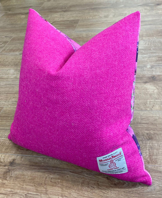 Pink Floral Velvet and Harris Tweed Cushion 18”