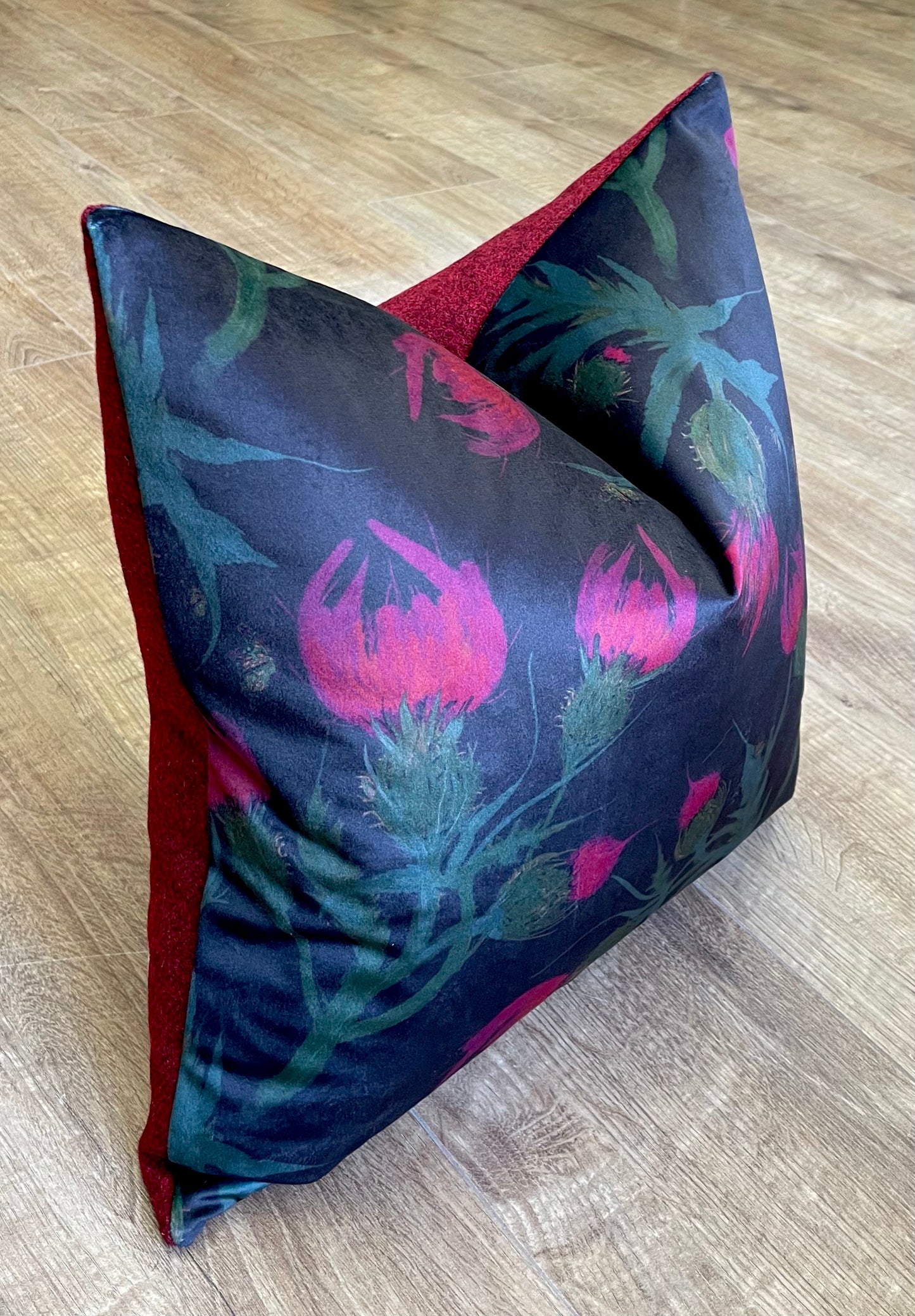 Butterfly Thistles on Black Velvet and Red Harris Tweed Cushion 18”