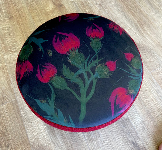 Butterfly Thistles on Black Velvet and Red Harris Tweed Small Footstool