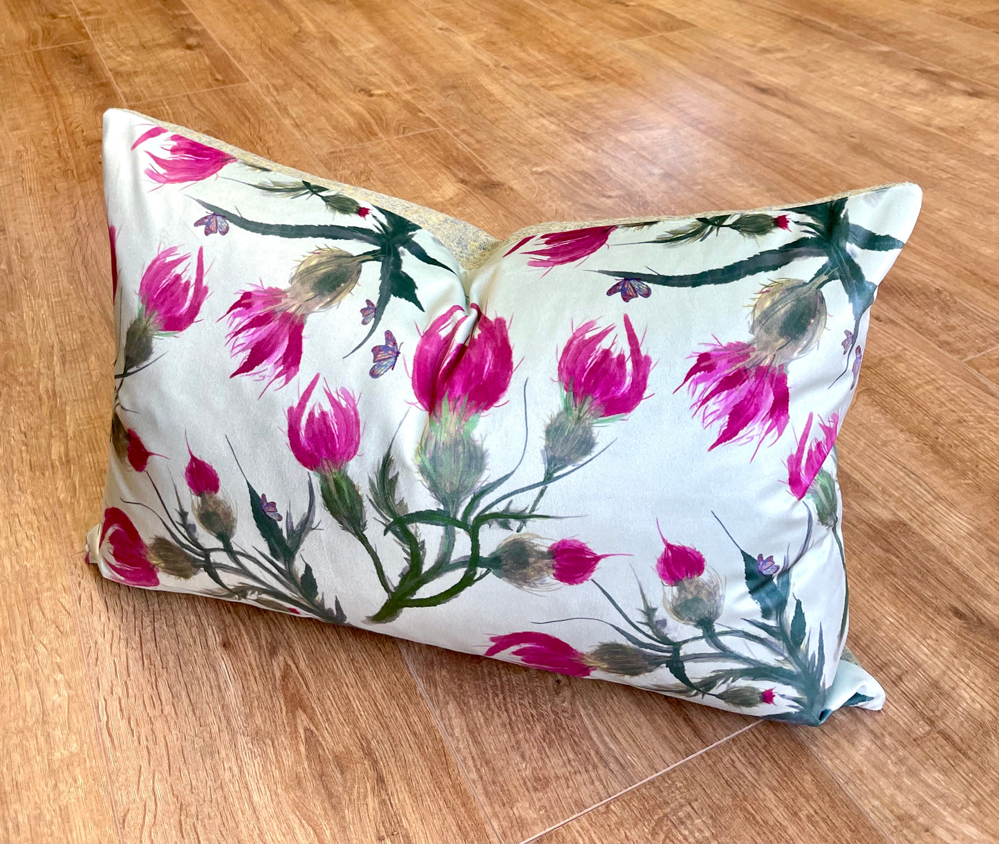 Butterfly Thistles on Duck Egg Velvet and Harris Tweed Rectangle Cushion