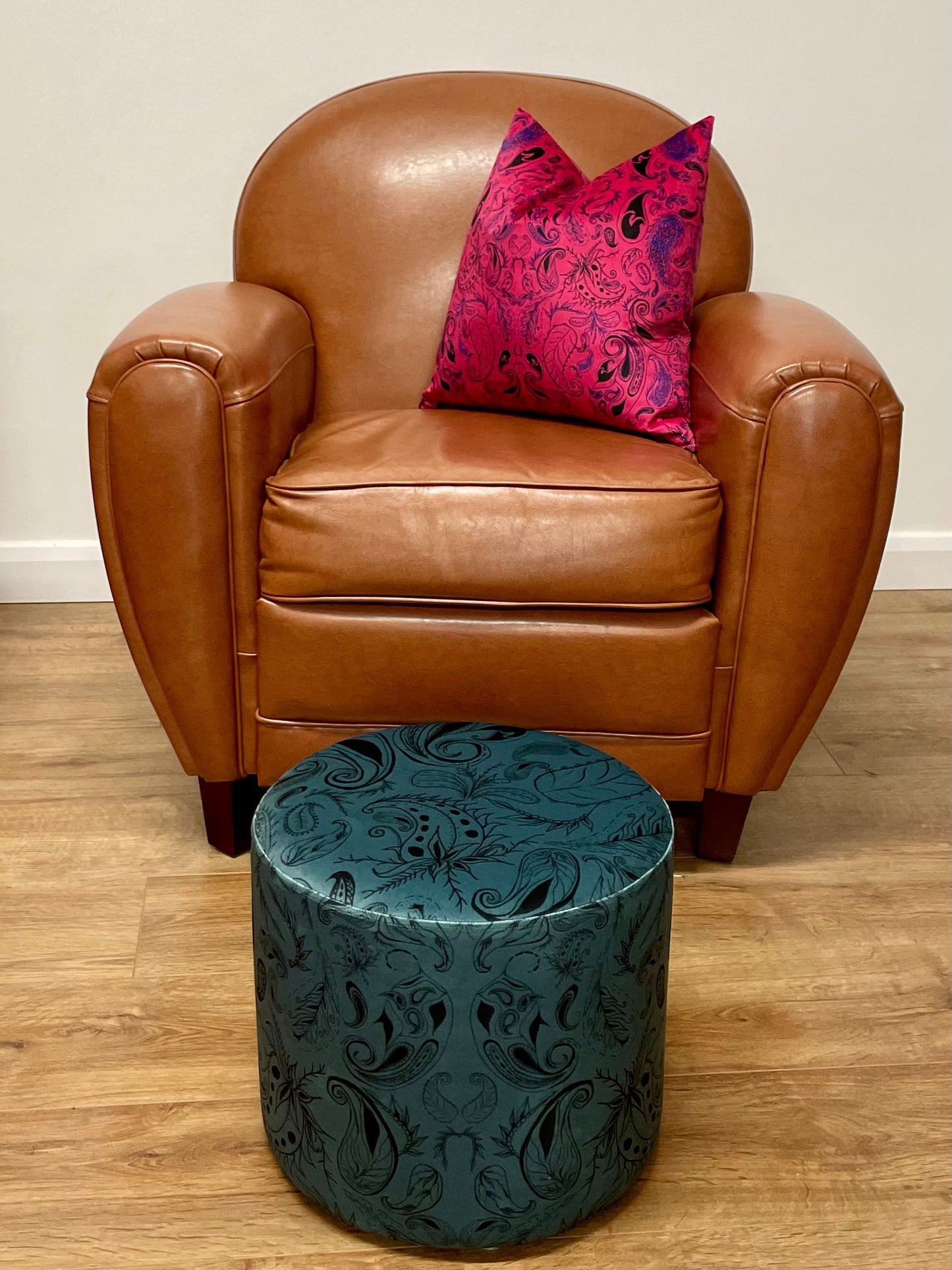 Blue Paisley Print Velvet Floating Footstool